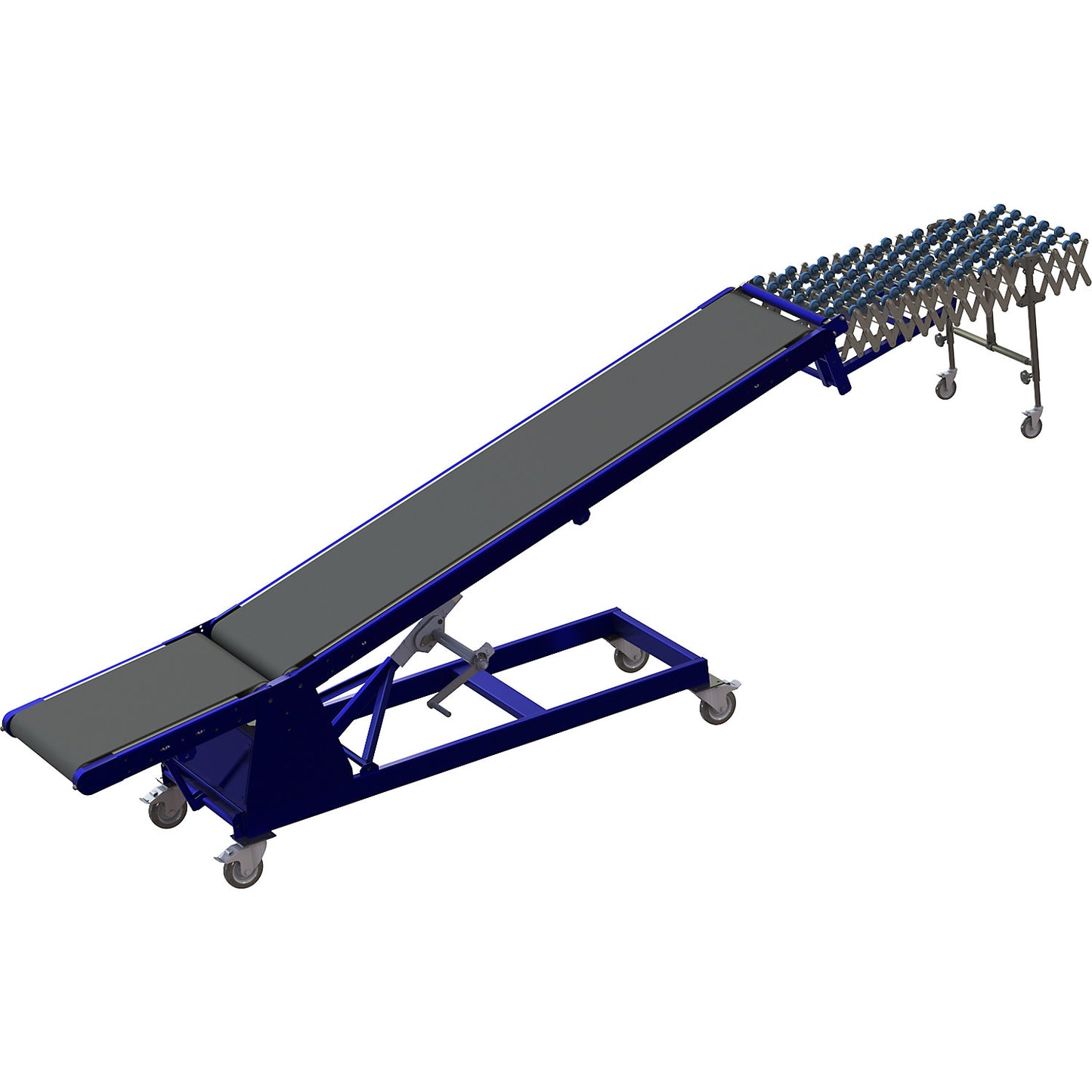 Loading and unloading conveyor, load capacity 30 kg/m, track length 4200 - 6200 mm, W 500 mm.