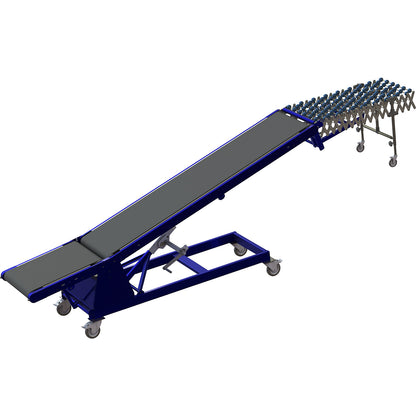 Loading and unloading conveyor, load capacity 30 kg/m, track length 5200 - 7200 mm, W 500 mm.