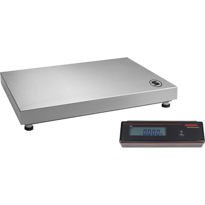 Bench scale, with display unit, weighing range up to 150 kg, weighing plate 520 x 400 x 70 mm.