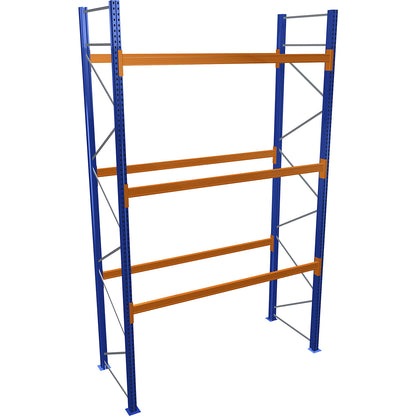 Pallet racking, blue/orange, HxWxD 4500 x 2700 x 1100 mm, shelf load 1545 kg, standard shelf unit.