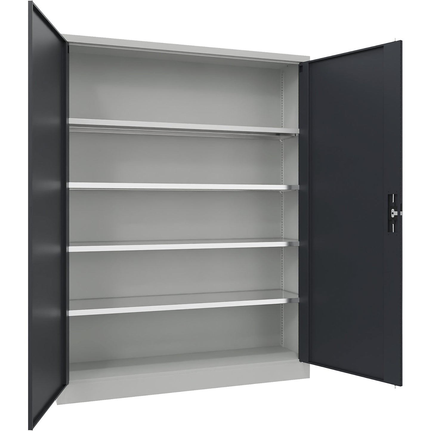 Steel cupboard with hinged doors, 4 shelves, width 1500 mm, HxWxD 1950 x 1500 x 400 mm, charcoal.