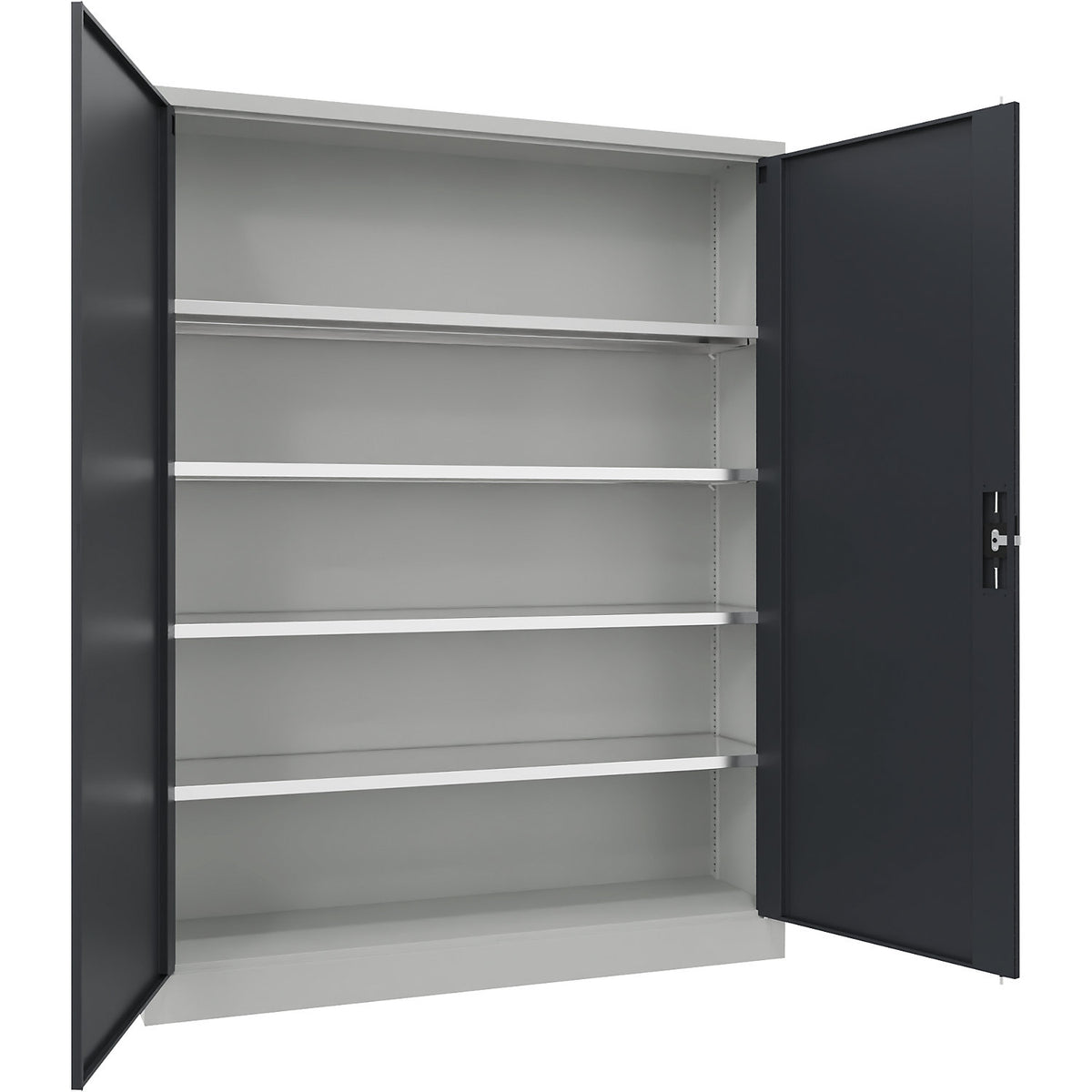 Steel cupboard with hinged doors, 4 shelves, width 1500 mm, HxWxD 1950 x 1500 x 400 mm, charcoal.