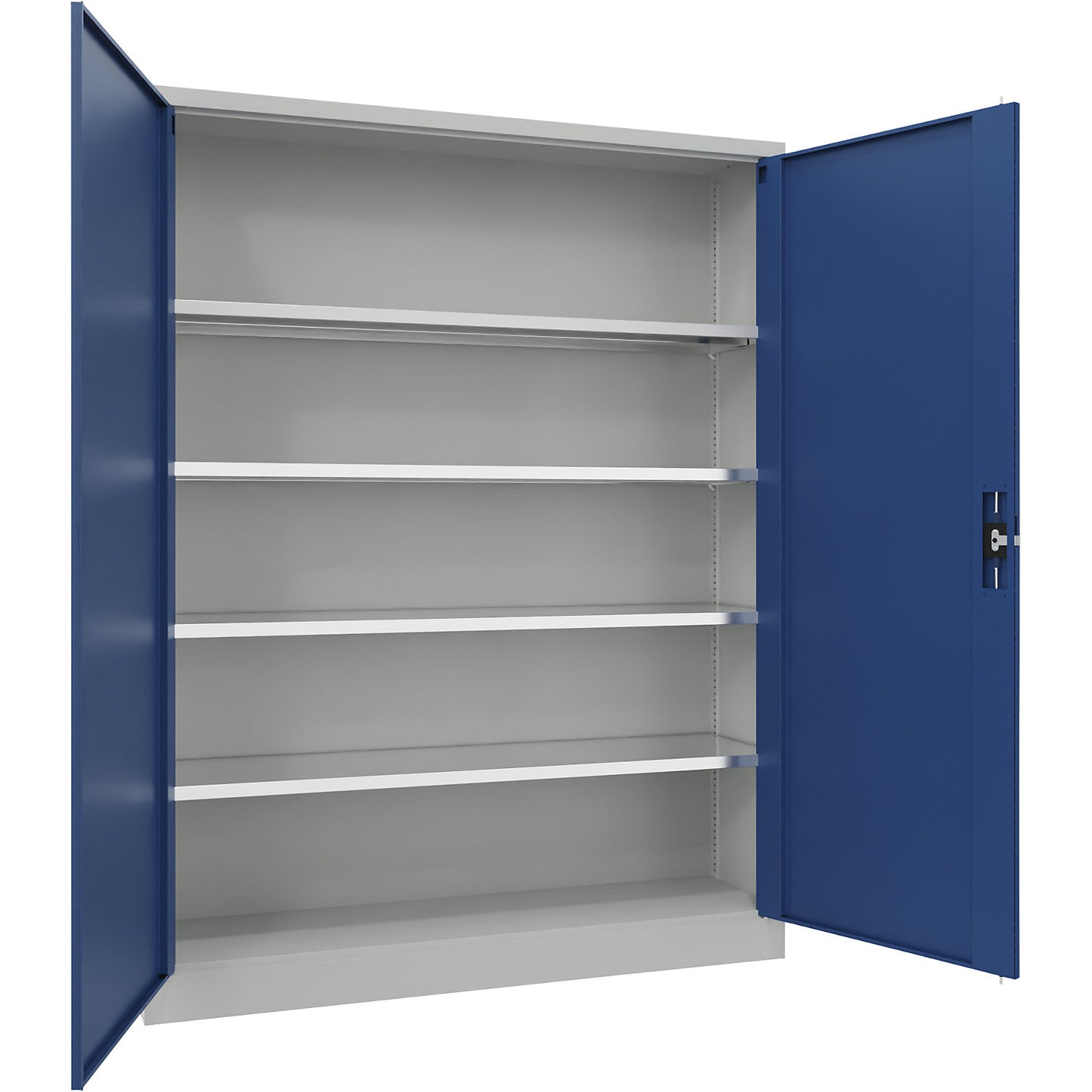 Steel cupboard with hinged doors, 4 shelves, width 1500 mm, HxWxD 1950 x 1500 x 400 mm, gentian blue.