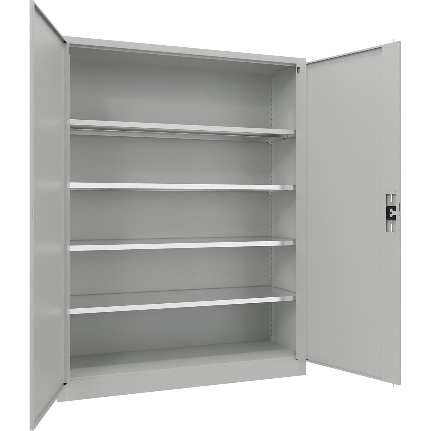 Steel cupboard with hinged doors, 4 shelves, width 1500 mm, HxWxD 1950 x 1500 x 500 mm, light grey.