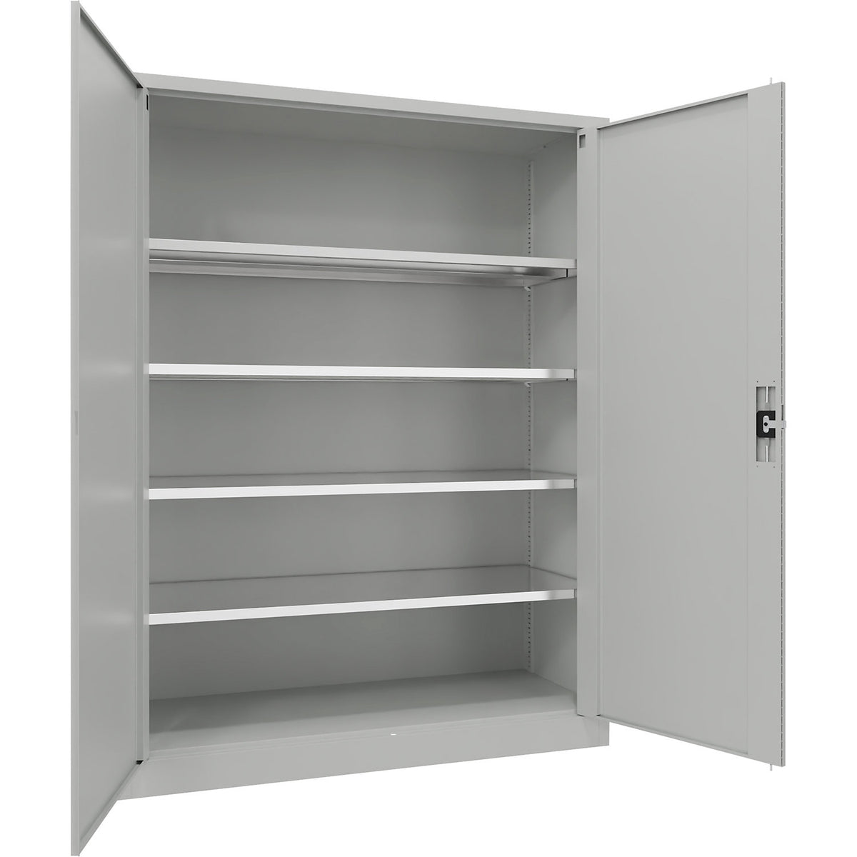 Steel cupboard with hinged doors, 4 shelves, width 1500 mm, HxWxD 1950 x 1500 x 600 mm, light grey.