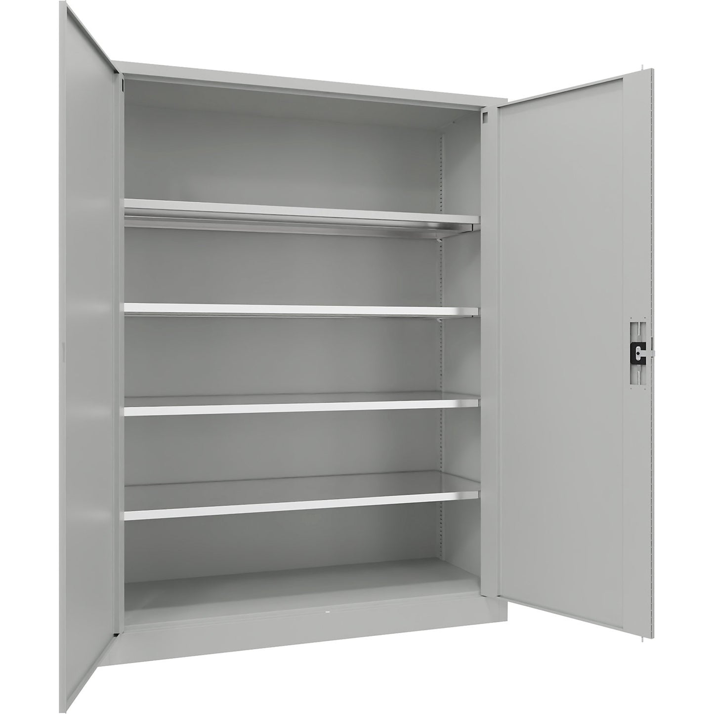 Steel cupboard with hinged doors, 4 shelves, width 1500 mm, HxWxD 1950 x 1500 x 600 mm, light grey.