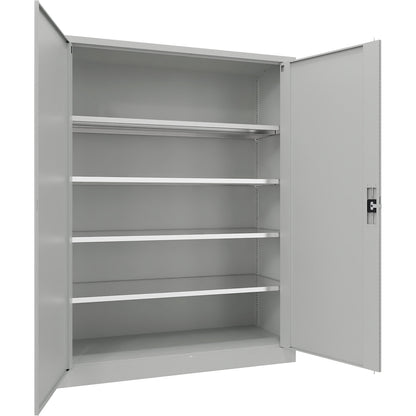 Steel cupboard with hinged doors, 4 shelves, width 1500 mm, HxWxD 1950 x 1500 x 600 mm, light grey.