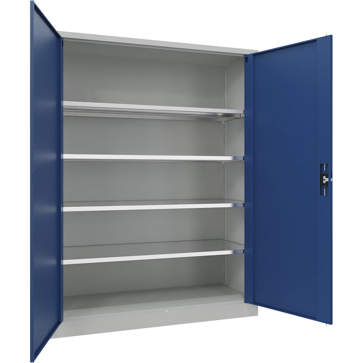 Steel cupboard with hinged doors, 4 shelves, width 1500 mm, HxWxD 1950 x 1500 x 600 mm, gentian blue.