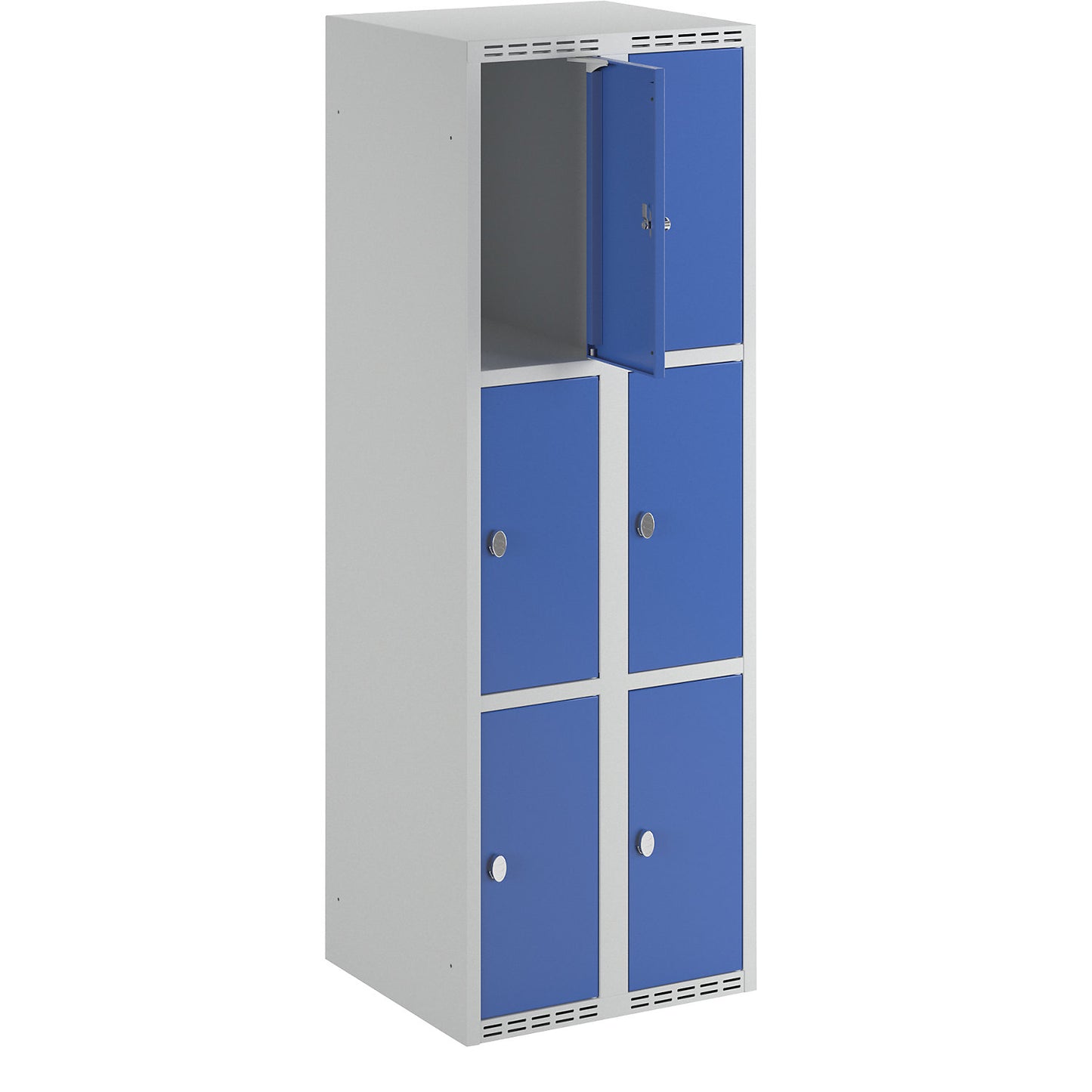 Fydor 3-fold compartment locker, 2 compartments, light grey / gentian blue, W 600 mm, flat roof shape, padlock.