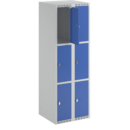 Fydor 3-fold compartment locker, 2 compartments, light grey / gentian blue, W 600 mm, flat roof shape, padlock.