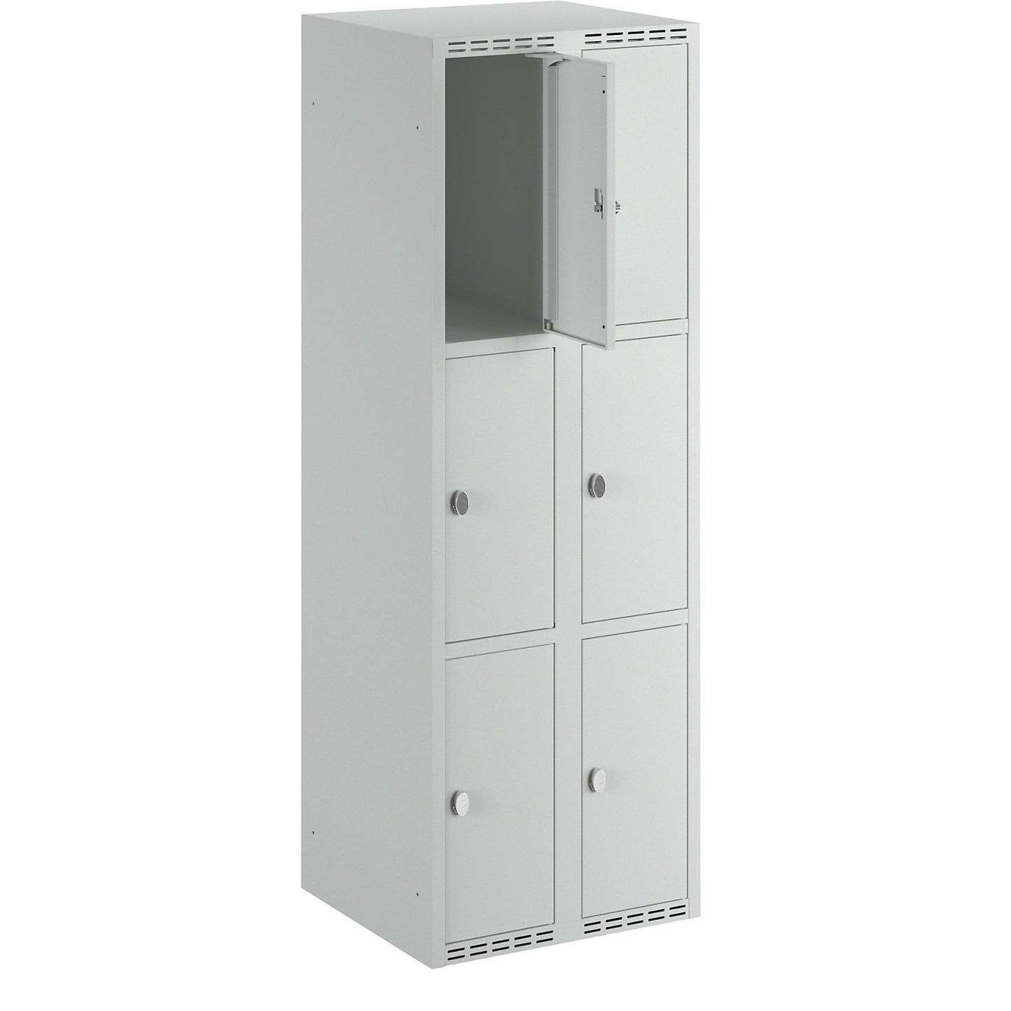 Fydor 3-fold compartment locker, 2 compartments, light grey, W 600 mm, flat roof shape, padlock.
