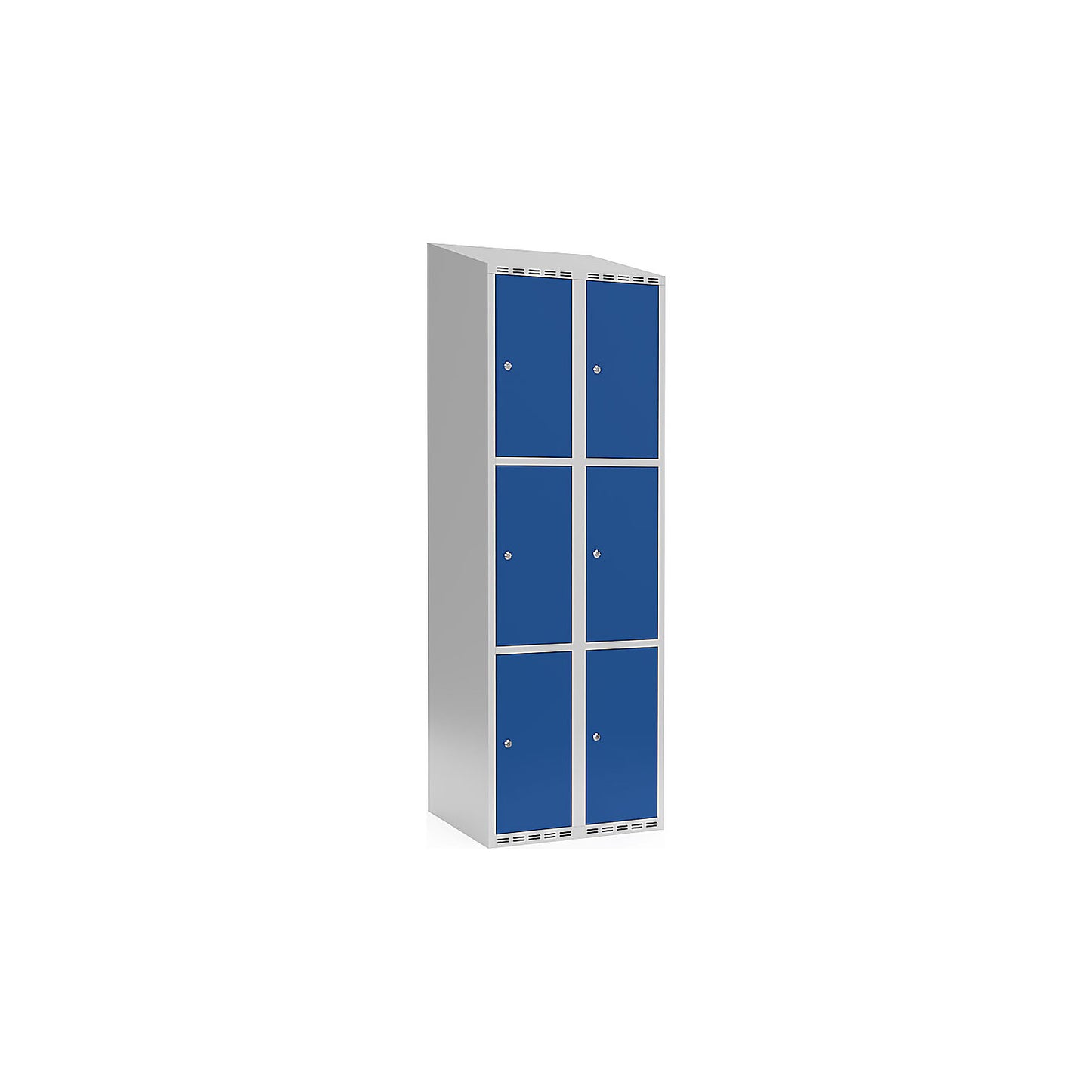 Fydor 3-fold compartment locker, 2 compartments, light grey / gentian blue, W 600 mm, sloping roof shape, cylinder lock.