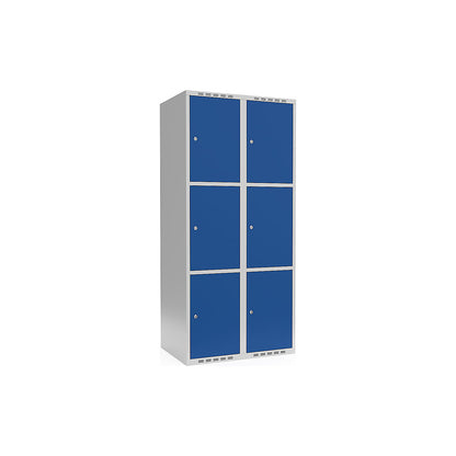 Fydor 3-fold compartment locker, 2 compartments, light grey / gentian blue, W 800 mm, flat roof shape, cylinder lock.