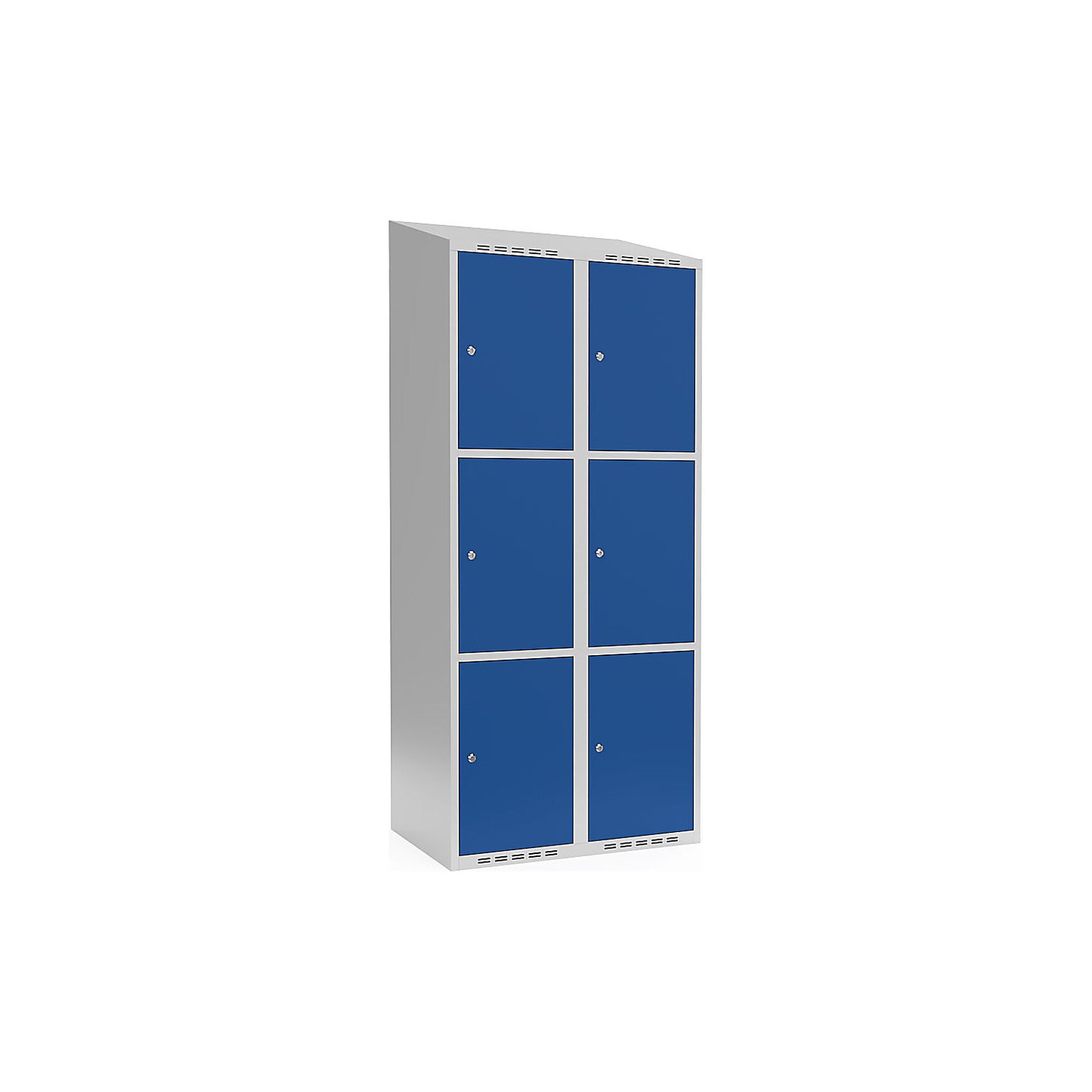 Fydor 3-fold compartment locker, 2 compartments, light grey / gentian blue, W 800 mm, sloping roof shape, cylinder lock.