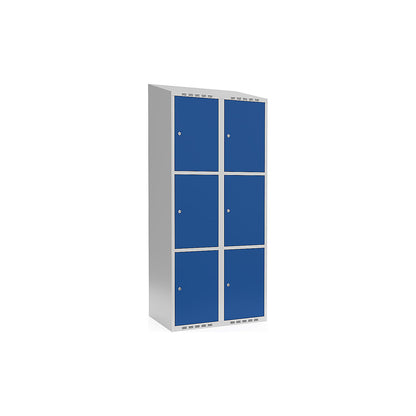 Fydor 3-fold compartment locker, 2 compartments, light grey / gentian blue, W 800 mm, sloping roof shape, cylinder lock.