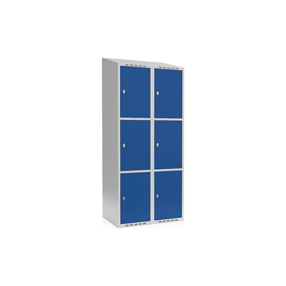 Fydor 3-fold compartment locker, 2 compartments, light grey / gentian blue, W 800 mm, sloping roof shape, padlock.
