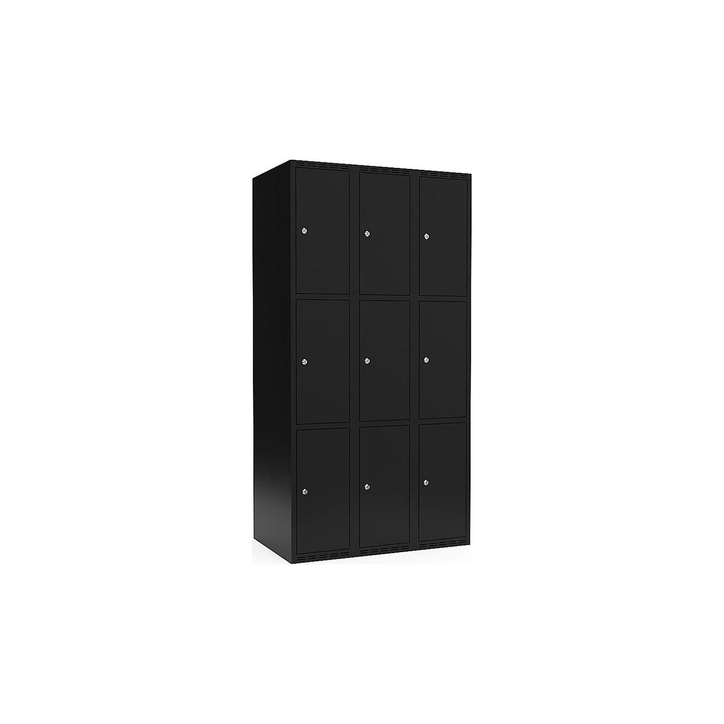 Fydor 3-fold compartment locker, 3 compartments, black, W 900 mm, flat roof shape, cylinder lock.