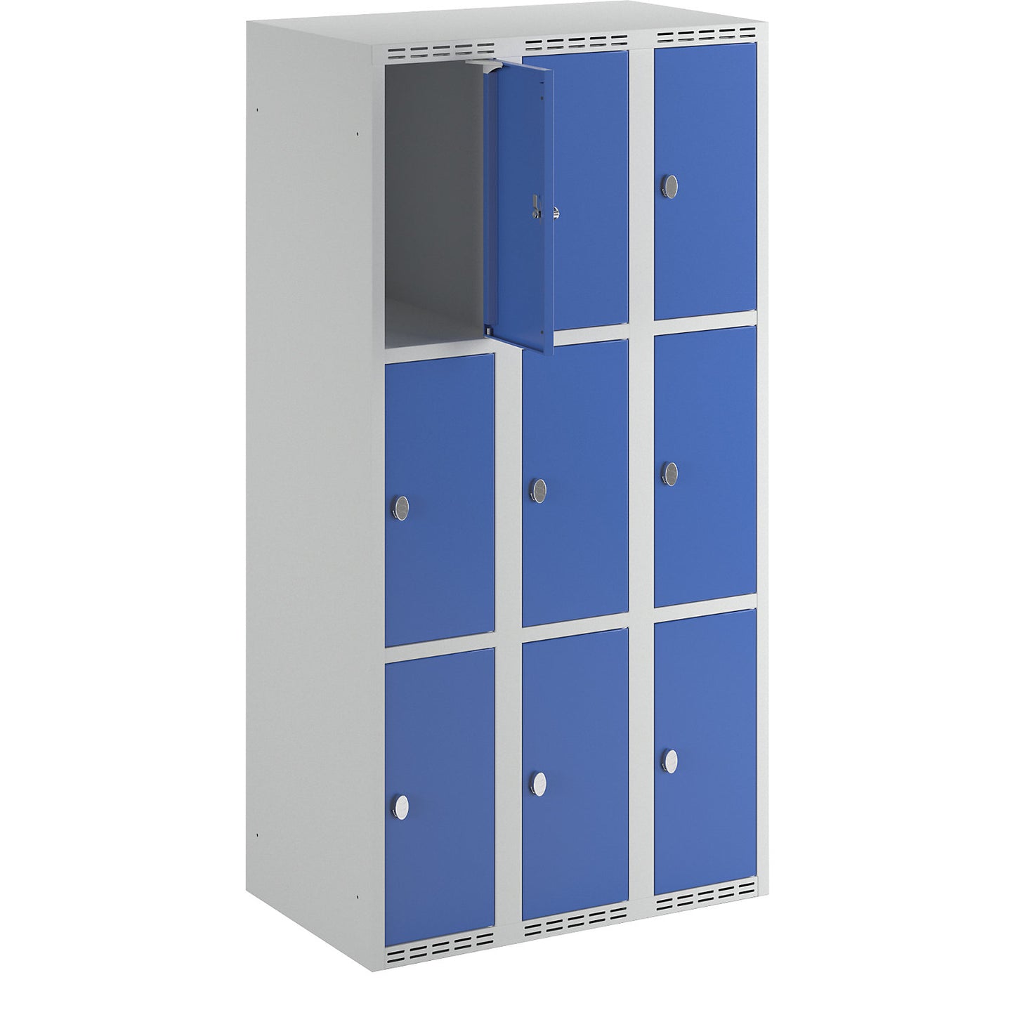 Fydor 3-fold compartment locker, 3 compartments, light grey / gentian blue, W 900 mm, flat roof shape, padlock.