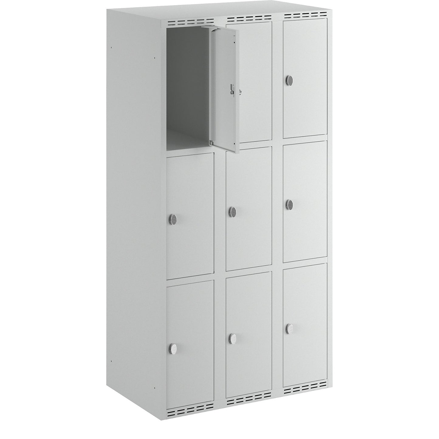 Fydor 3-fold compartment locker, 3 compartments, light grey, W 900 mm, flat roof shape, padlock.