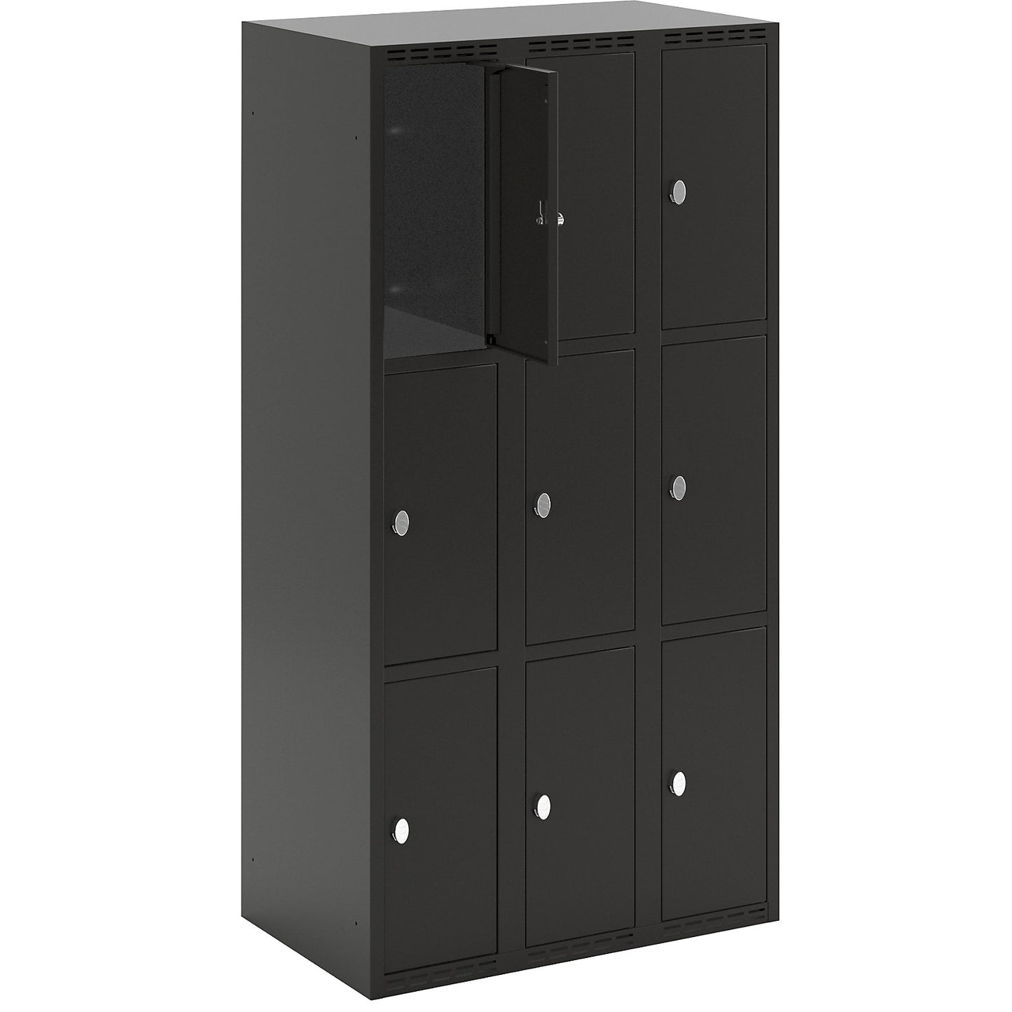 Fydor 3-fold compartment locker, 3 compartments, black, W 900 mm, flat roof shape, padlock.