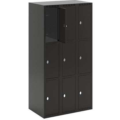 Fydor 3-fold compartment locker, 3 compartments, black, W 900 mm, flat roof shape, padlock.