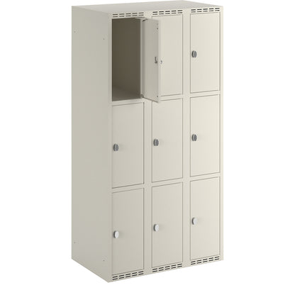 Fydor 3-fold compartment locker, 3 compartments, white, W 900 mm, flat roof shape, padlock.