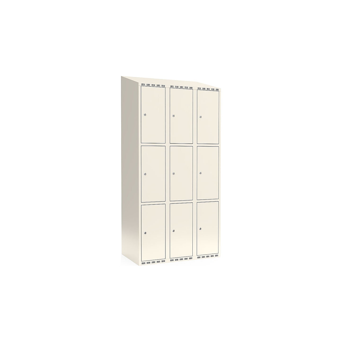Fydor 3-fold compartment locker, 3 compartments, white, W 900 mm, sloping roof shape, cylinder lock.