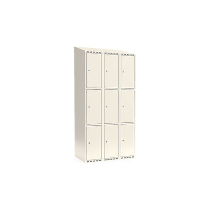 Fydor 3-fold compartment locker, 3 compartments, white, W 900 mm, sloping roof shape, cylinder lock.