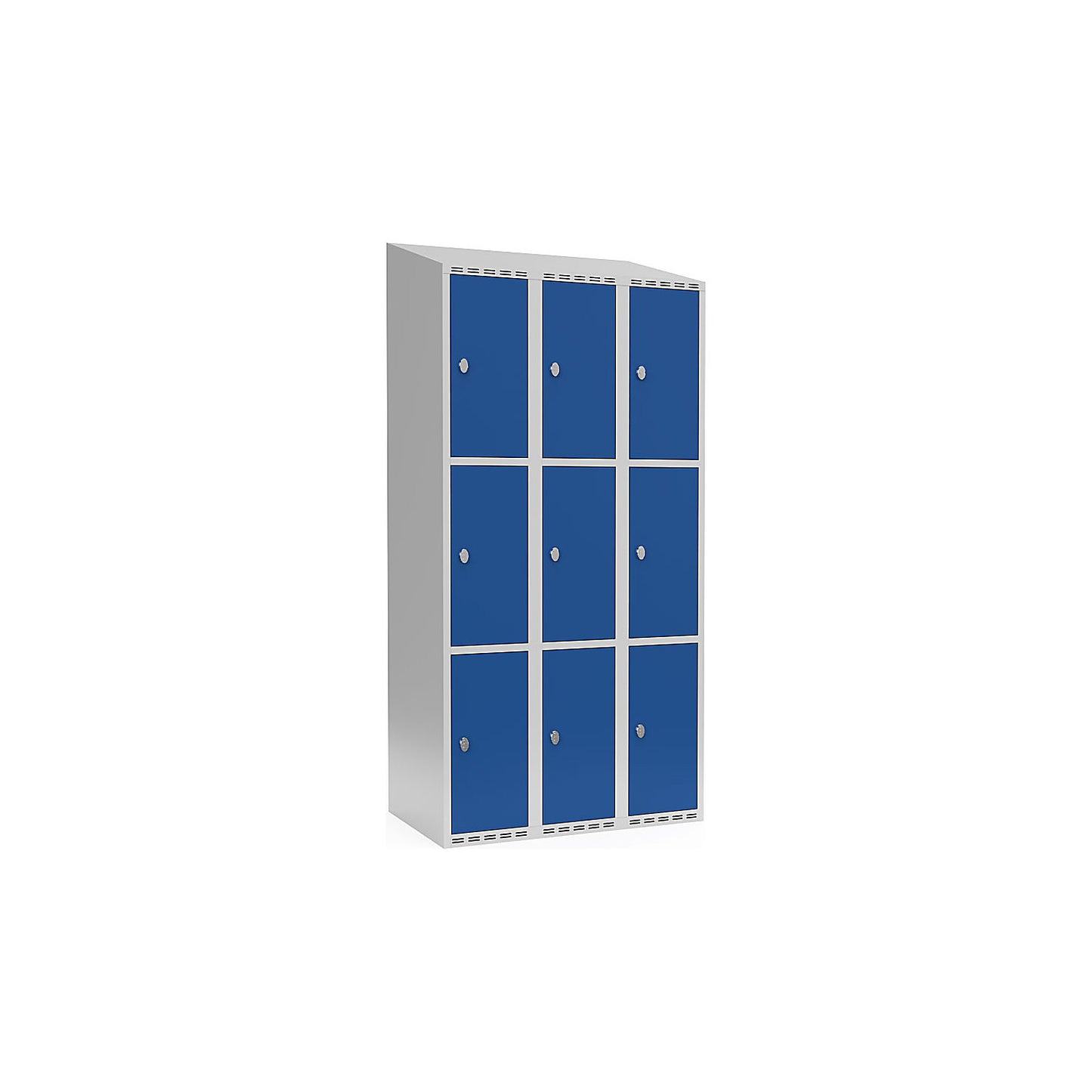 Fydor 3-fold compartment locker, 3 compartments, light grey / gentian blue, W 900 mm, sloping roof shape, padlock.