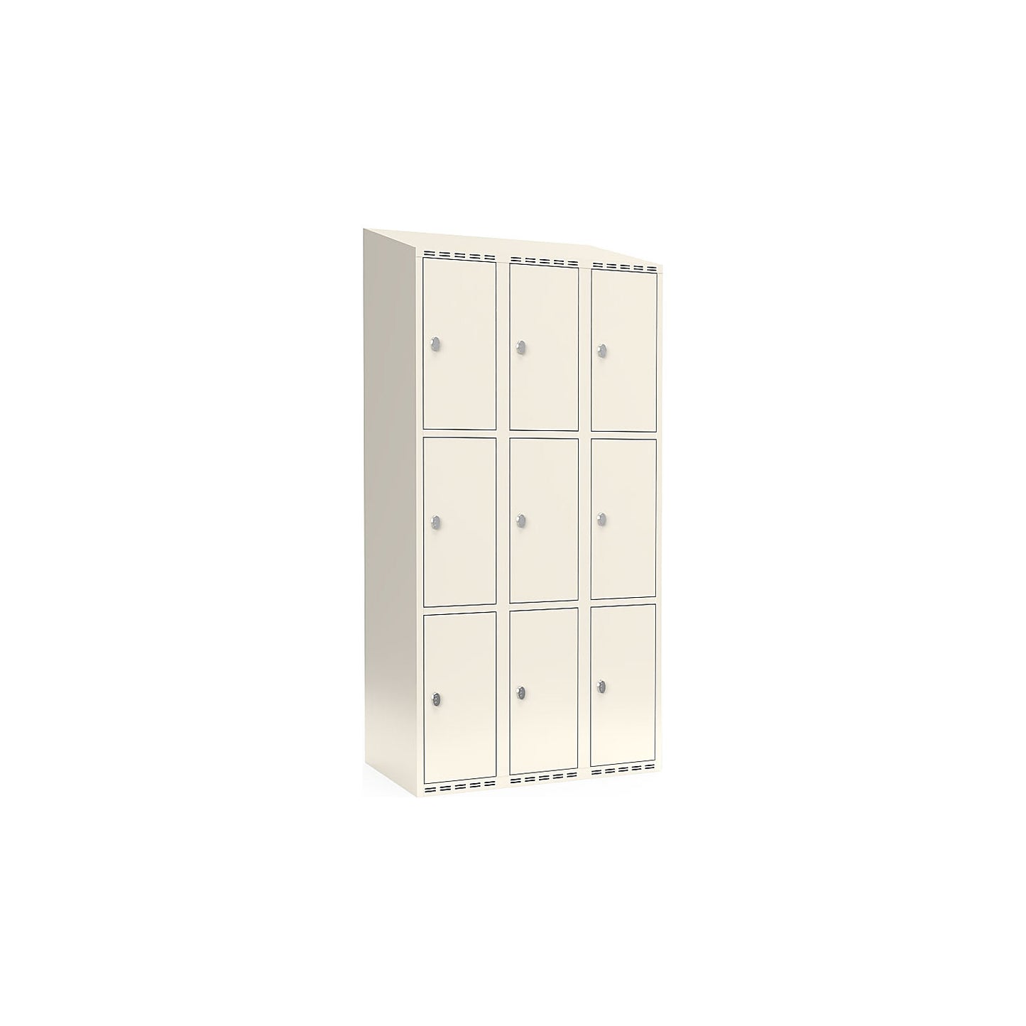Fydor 3-fold compartment locker, 3 compartments, white, W 900 mm, sloping roof shape, padlock.