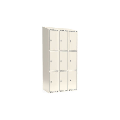 Fydor 3-fold compartment locker, 3 compartments, white, W 900 mm, sloping roof shape, padlock.