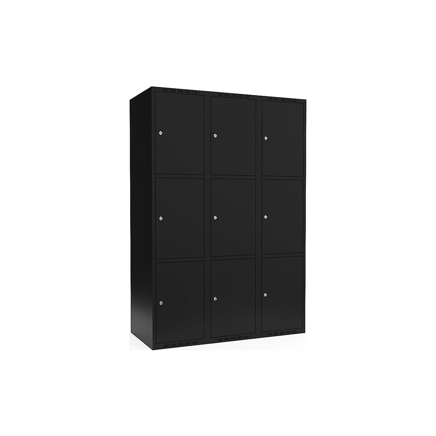 Fydor 3-fold compartment locker, 3 compartments, black, W 1200 mm, flat roof shape, cylinder lock.