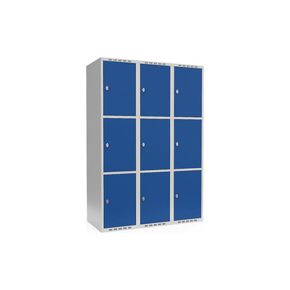 Fydor 3-fold compartment locker, 3 compartments, light grey / gentian blue, W 1200 mm, flat roof shape, padlock.