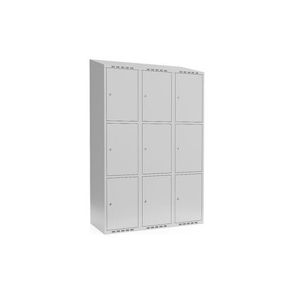 Fydor 3-fold compartment locker, 3 compartments, light grey, W 1200 mm, sloping roof shape, cylinder lock.