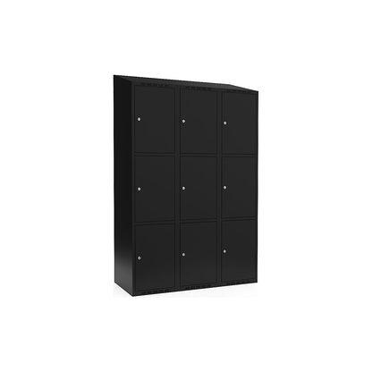 Fydor 3-fold compartment locker, 3 compartments, black, W 1200 mm, sloping roof shape, cylinder lock.