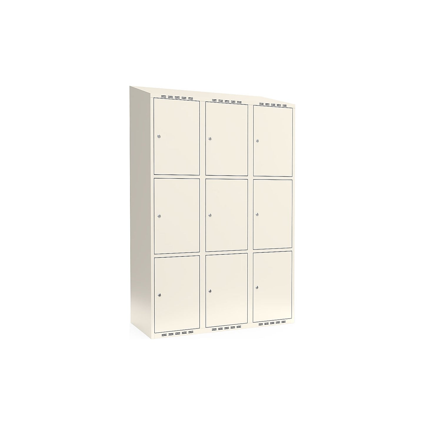 Fydor 3-fold compartment locker, 3 compartments, white, W 1200 mm, sloping roof shape, cylinder lock.