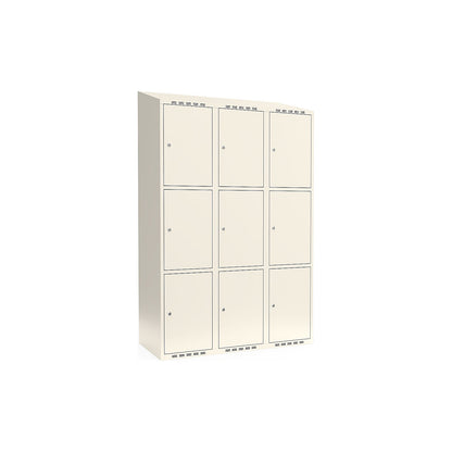 Fydor 3-fold compartment locker, 3 compartments, white, W 1200 mm, sloping roof shape, cylinder lock.
