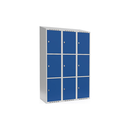 Fydor 3-fold compartment locker, 3 compartments, light grey / gentian blue, W 1200 mm, sloping roof shape, padlock.
