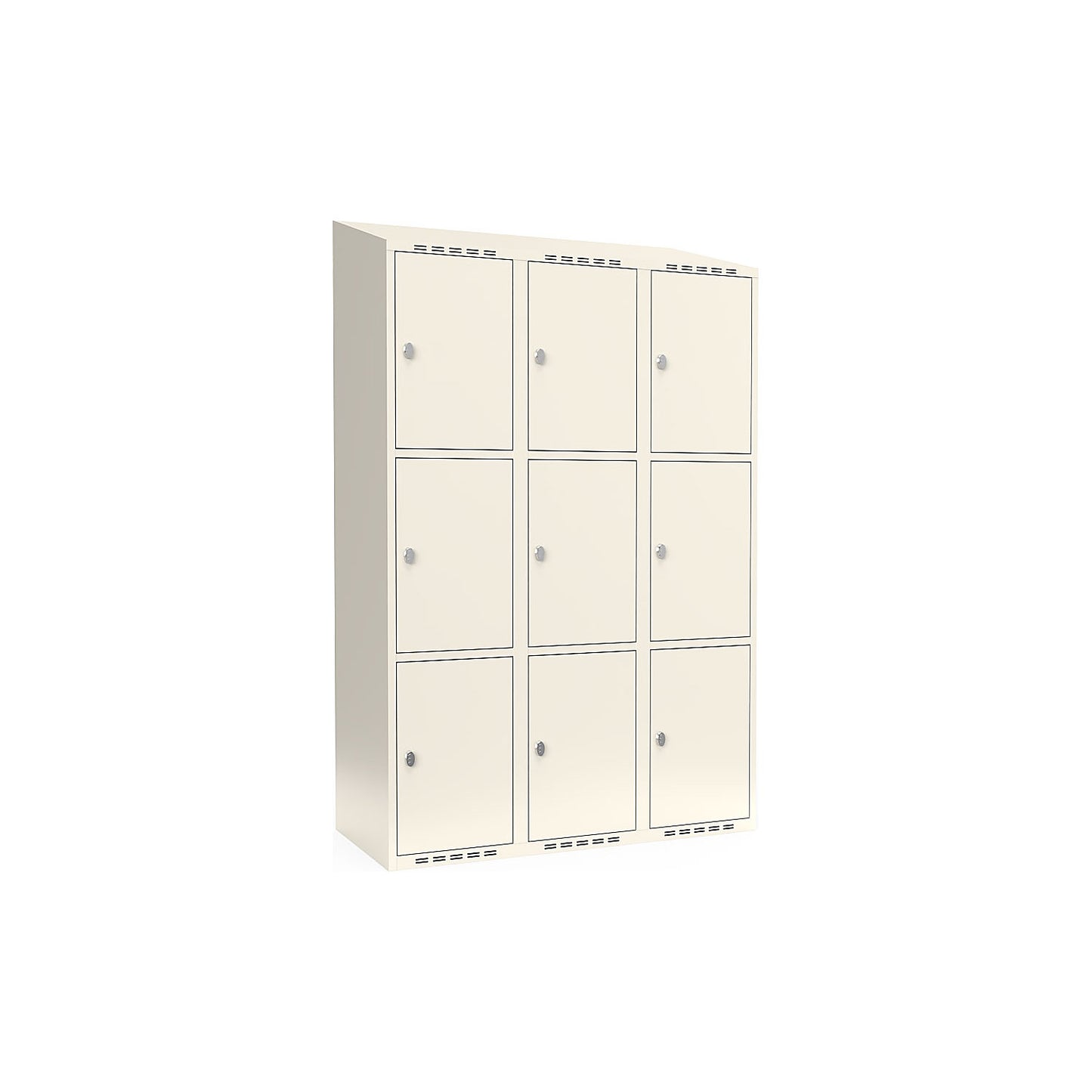 Fydor 3-fold compartment locker, 3 compartments, white, W 1200 mm, sloping roof shape, padlock.
