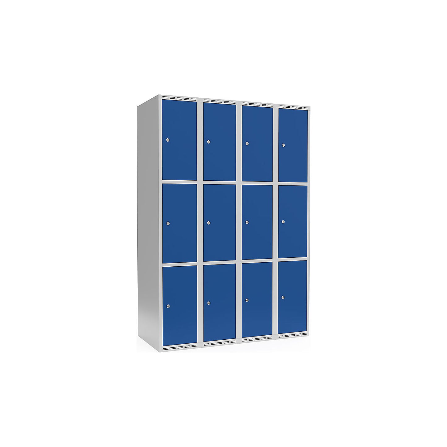 Fydor 3-fold compartment locker, 4 compartments, light grey / gentian blue, W 1200 mm, flat roof shape, cylinder lock.