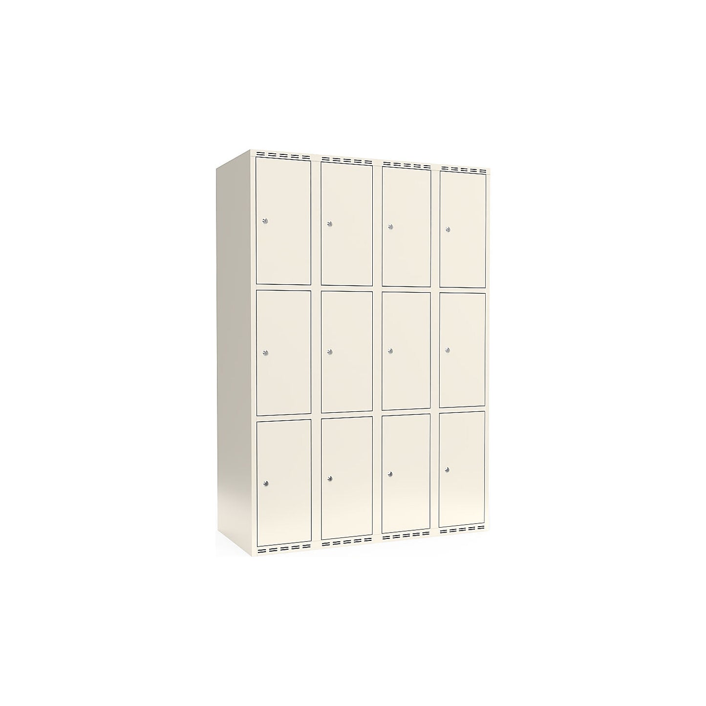 Fydor 3-fold compartment locker, 4 compartments, white, W 1200 mm, flat roof shape, cylinder lock.