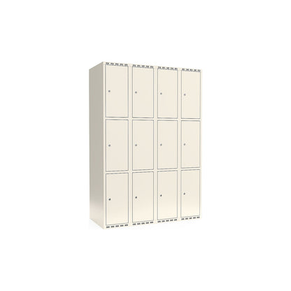 Fydor 3-fold compartment locker, 4 compartments, white, W 1200 mm, flat roof shape, cylinder lock.