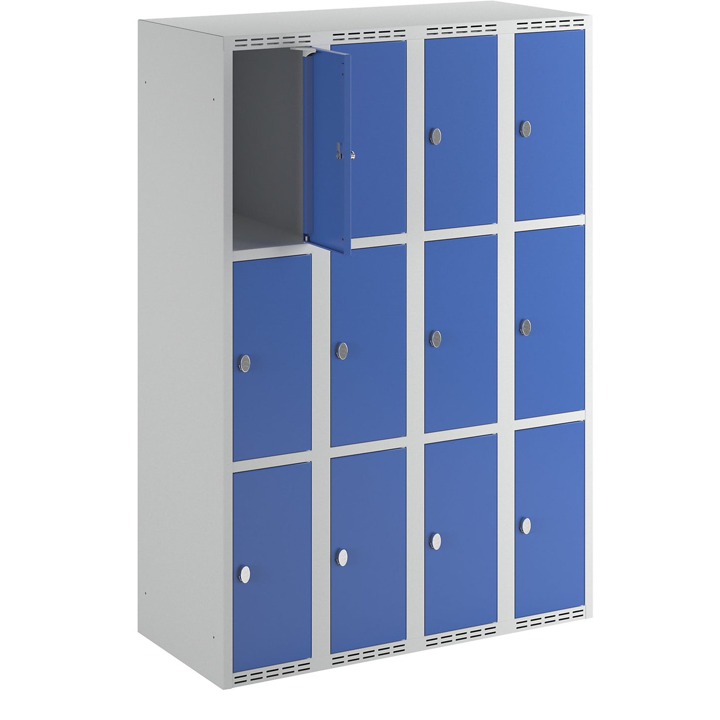 Fydor 3-fold compartment locker, 4 compartments, light grey / gentian blue, W 1200 mm, flat roof shape, padlock.