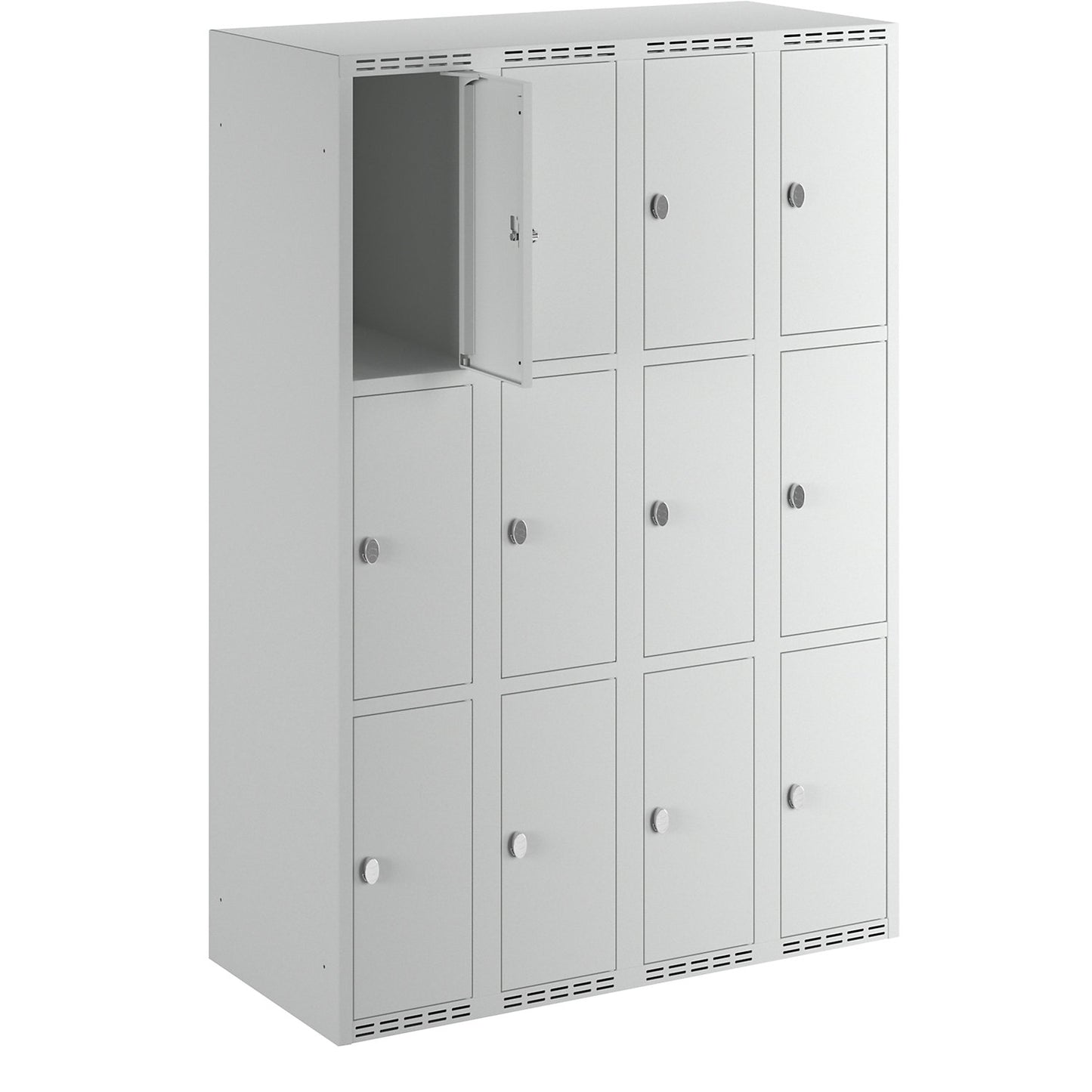 Fydor 3-fold compartment locker, 4 compartments, light grey, W 1200 mm, flat roof shape, padlock.