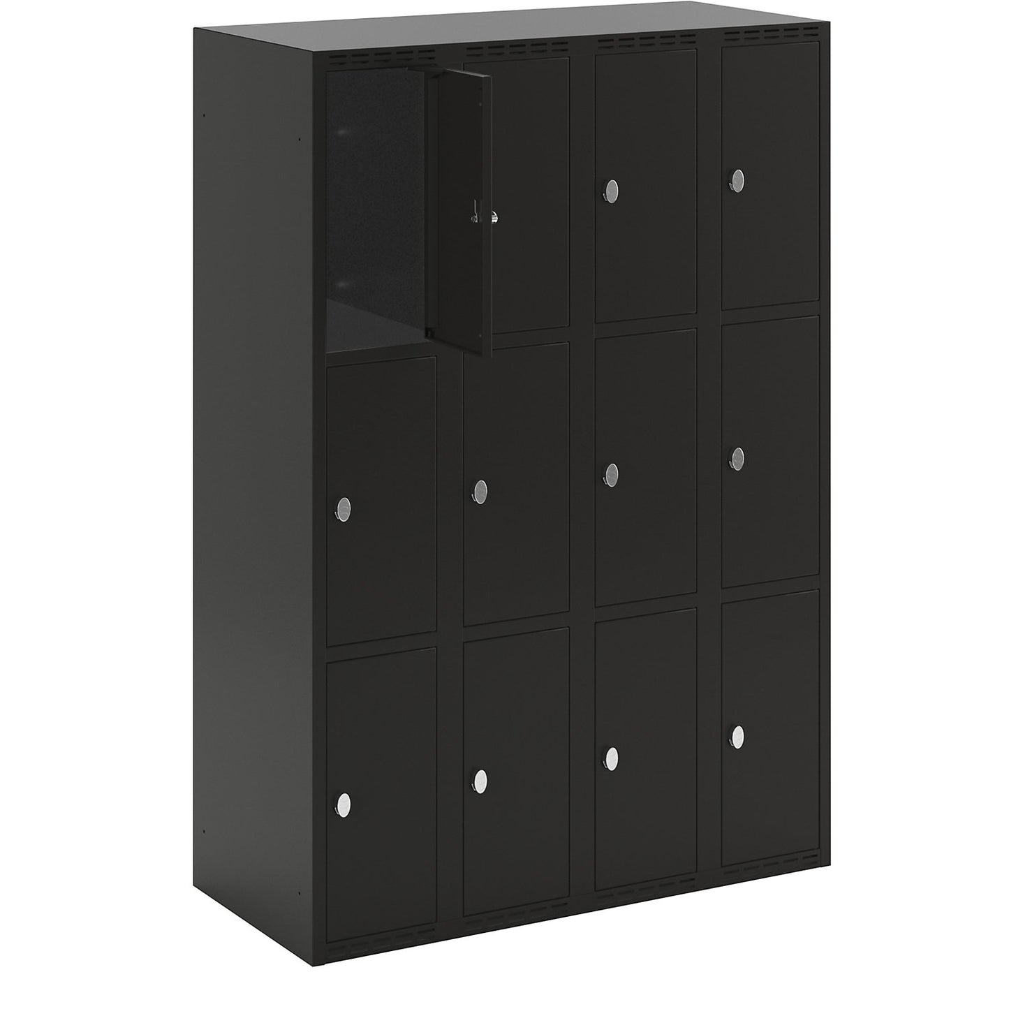 Fydor 3-fold compartment locker, 4 compartments, black, W 1200 mm, flat roof shape, padlock.