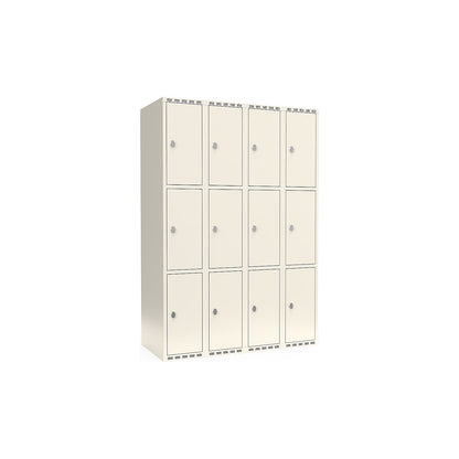 Fydor 3-fold compartment locker, 4 compartments, white, W 1200 mm, flat roof shape, padlock.