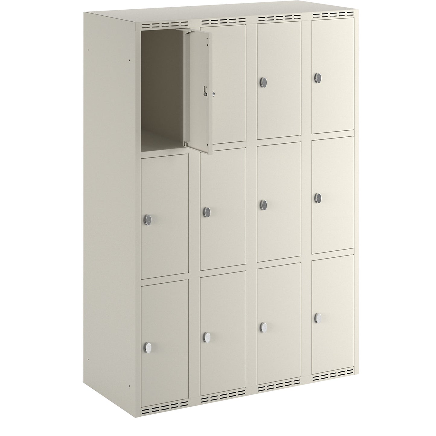 Fydor 3-fold compartment locker, 4 compartments, white, W 1200 mm, flat roof shape, padlock.