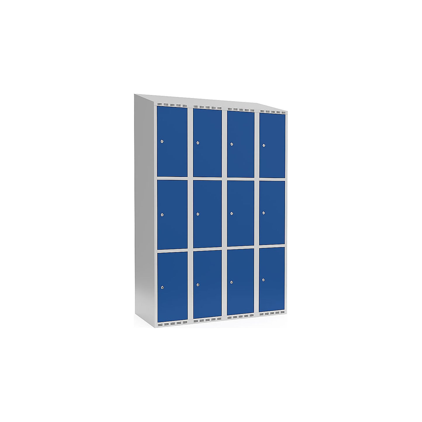 Fydor 3-fold compartment locker, 4 compartments, light grey / gentian blue, W 1200 mm, sloping roof shape, cylinder lock.