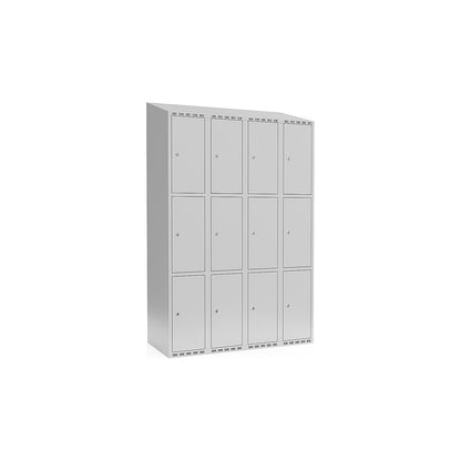 Fydor 3-fold compartment locker, 4 compartments, light grey, W 1200 mm, sloping roof shape, cylinder lock.