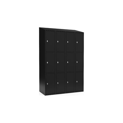 Fydor 3-fold compartment locker, 4 compartments, black, W 1200 mm, sloping roof shape, padlock.